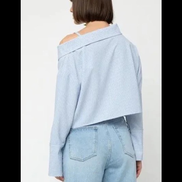 NWOT Oak + Fort Off-Shoulder Blouse in Blue/White Stripes - Picture 3 of 7